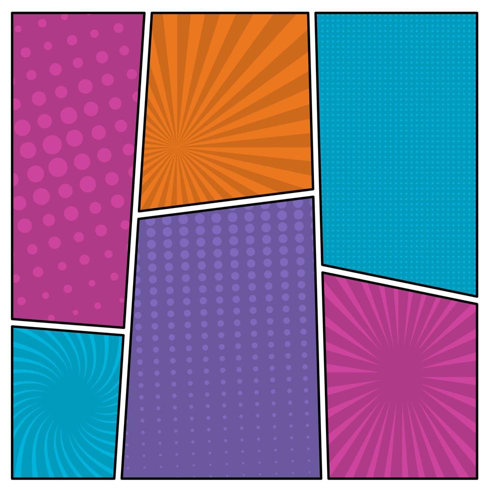Colorful comic book page background in pop art style. Empty template with rays and dots pattern. Vector illustration
