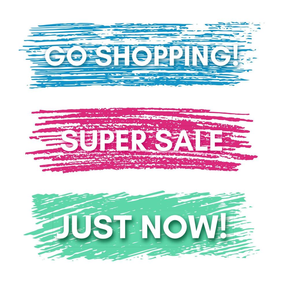 Go Shopping, Super Sale, Just Now. Set of three sale banners on the colorful painted spots. Vector illustration