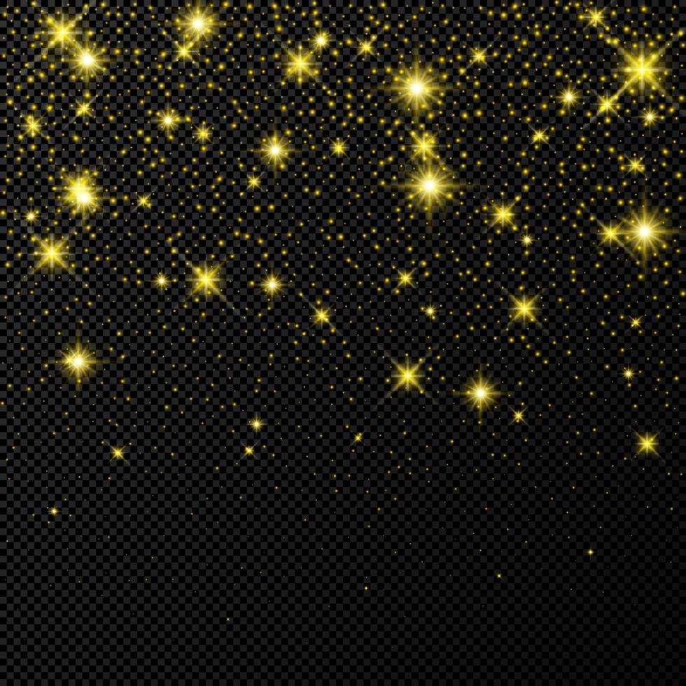 telón de fondo dorado con estrellas y chispas de polvo aisladas en un fondo transparente oscuro vector