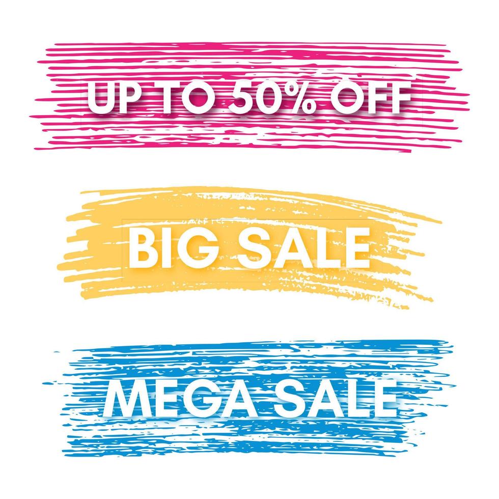 Up to 50 off, Big Sale, Mega Sale. Set of three sale banners on the colorful painted spots. Vector illustration