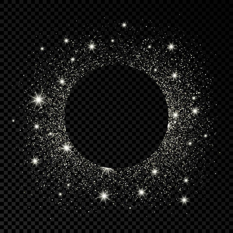 Round frame with silver glitter on dark transparent background. Empty background. Vector illustration.