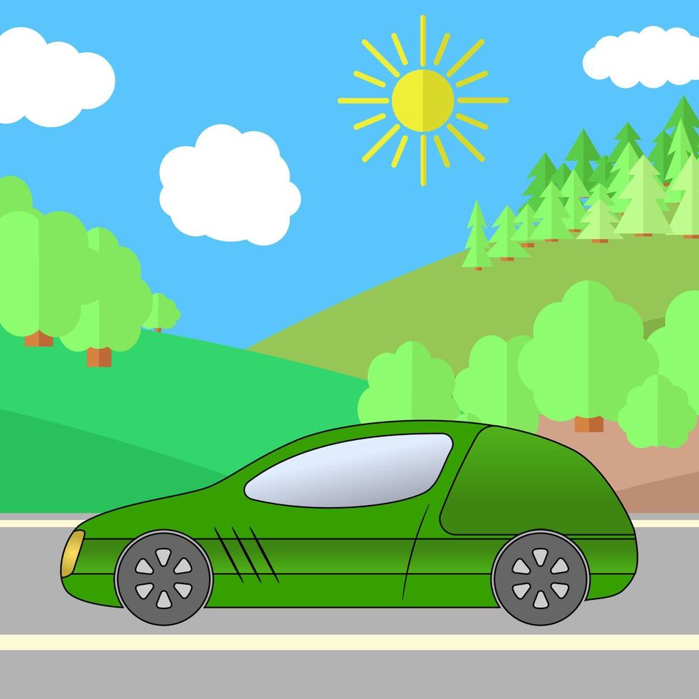 Green Sport Car on a Road on a Sunny Day. Summer Travel Illustration. Car over Landscape. vector