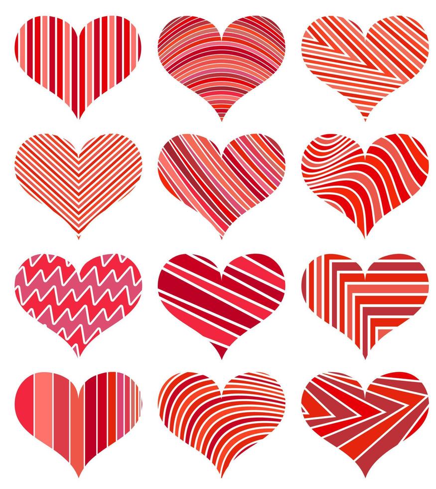 Set of different red hearts. Twelve hearts isolated on white background. Symbol of love. Elements for wedding template. vector