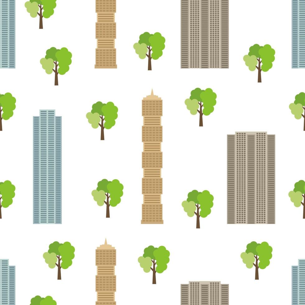 Seamless city background with modern houses and green trees. Vector illustration