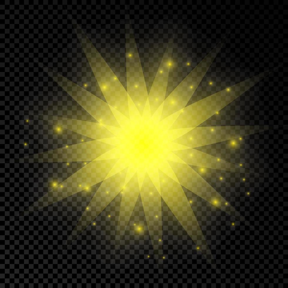 Light effect of lens flares. Yellow glowing lights starburst effects with sparkles on a transparent background. Vector illustration