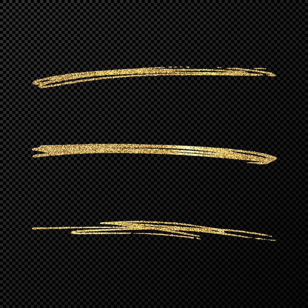 Abstract shiny confetti glittering waves. Set of three hand drawn brush golden strokes on black transparent background. Vector illustration