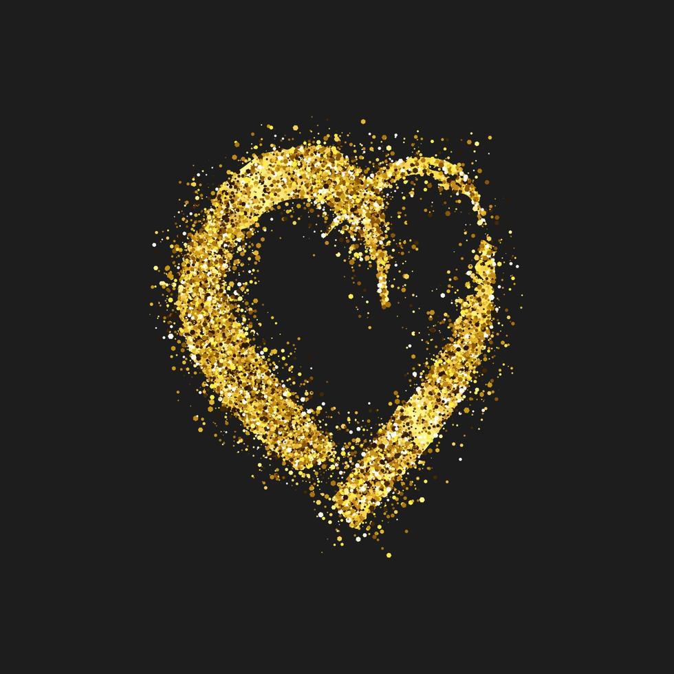 Gold glitter doodle heart on dark background. Gold grunge hand drawn heart. Romantic love symbol. Vector illustration.