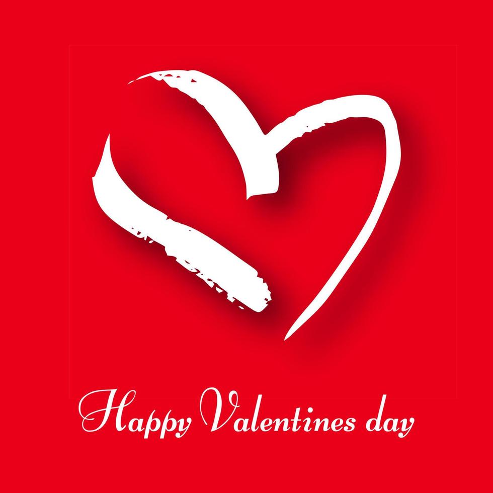 Hand drawn heart on red background. White grunge doodle heart with shadow. Romantic love symbol. Vector illustration.