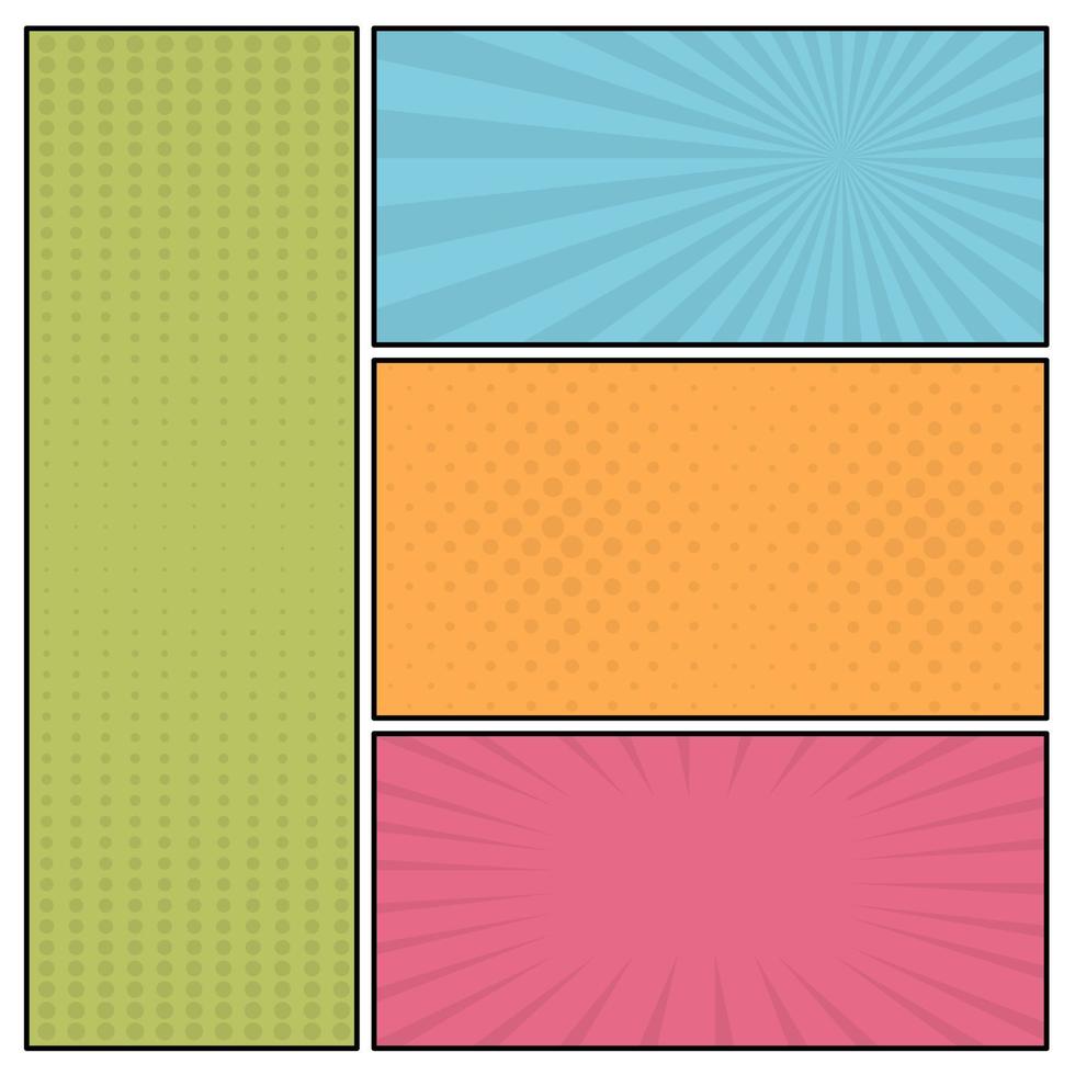 Colorful comic book page background in pop art style. Empty template with rays and dots pattern. Vector illustration