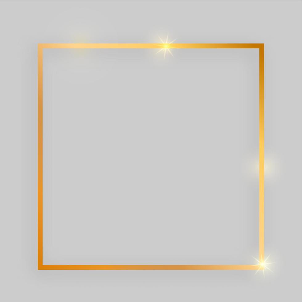 Shiny frame with glowing effects. Gold square frame with shadow on grey background. Vector illustration