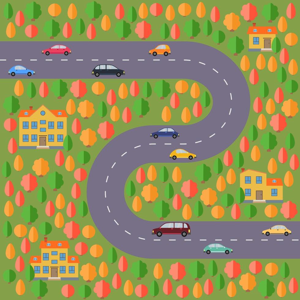Plan of village. Landscape with the road, autumn forest, cars and houses. Vector illustration