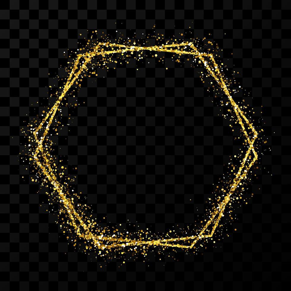 Gold double hexagon frame. Modern shiny frame with light effects isolated on dark transparent background. Vector illustration.