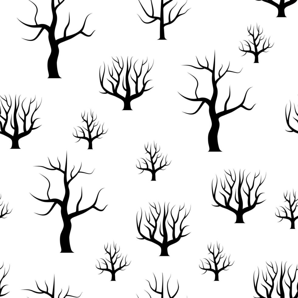 Seamless black and white curved trees without leaves backgrounds. Vector forest seamless texture.