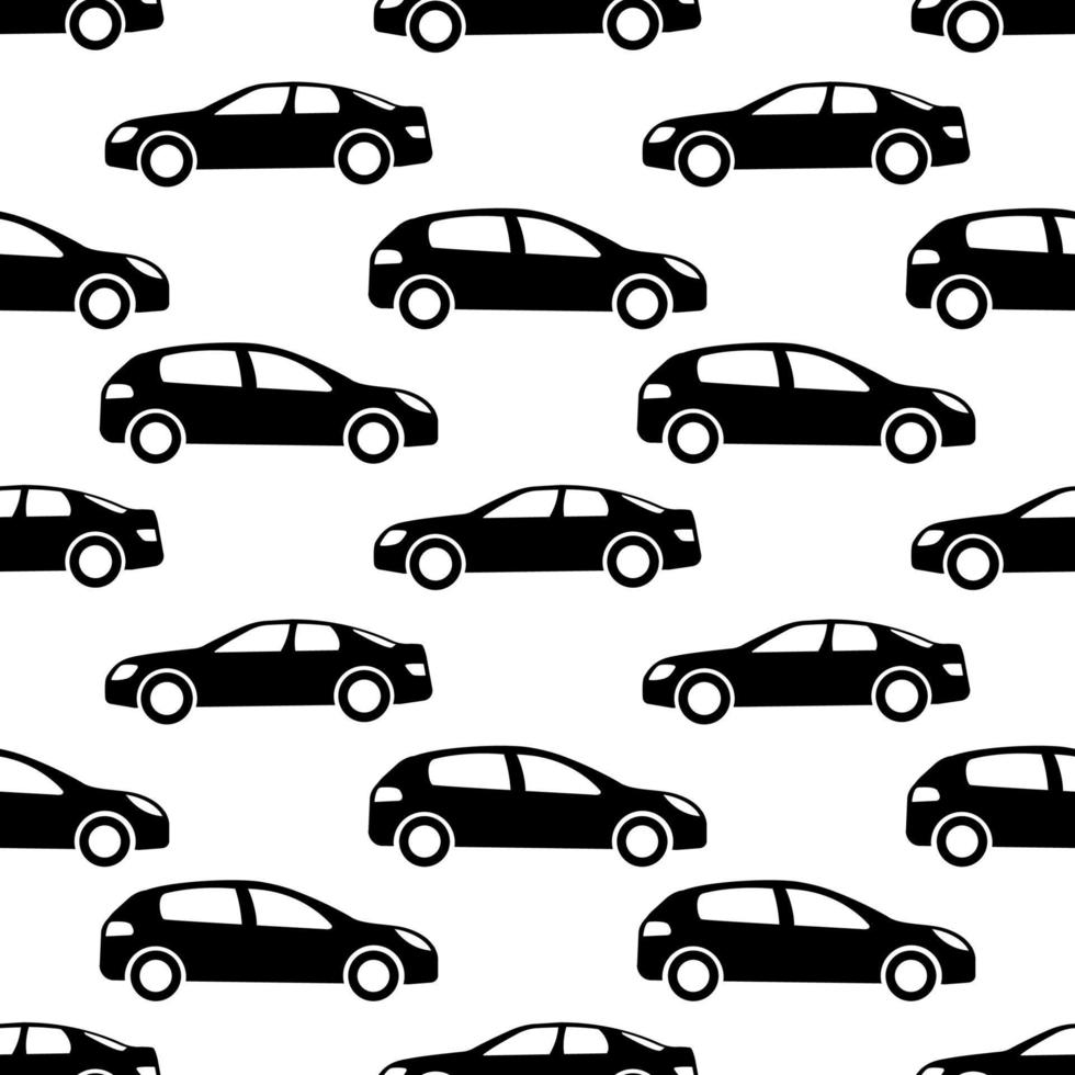 Seamless pattern with black cars on white background. Vector illustration.