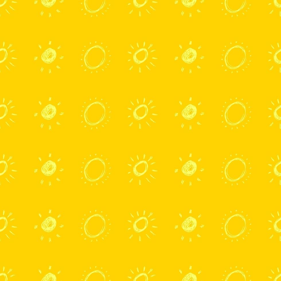 Hand drawn sun. Seamless pattern of simple sketch sun's. Solar symbol. Yellow doodle isolated on yellow background. Vector illustration.