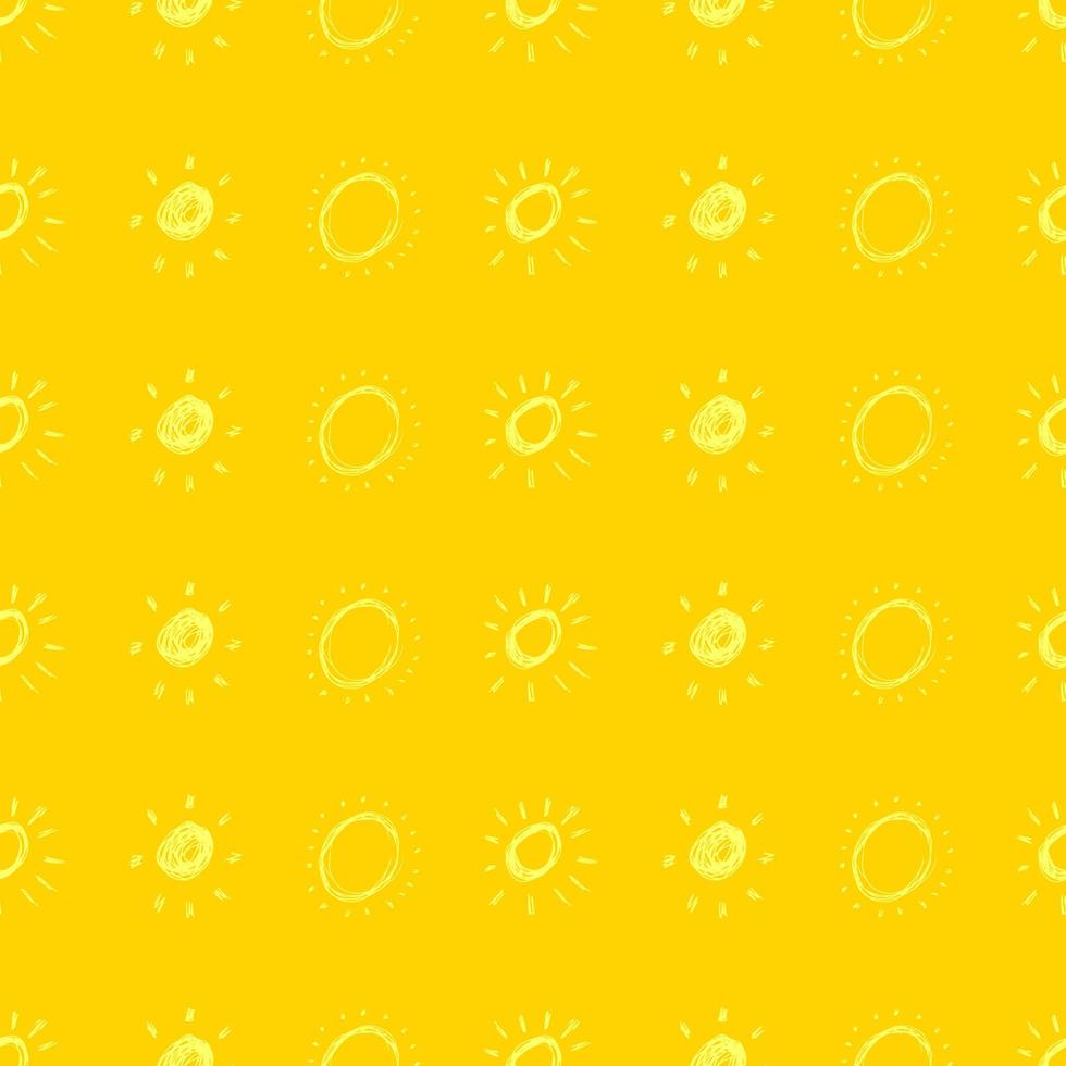 Hand drawn sun. Seamless pattern of simple sketch sun's. Solar symbol. Yellow doodle isolated on yellow background. Vector illustration.