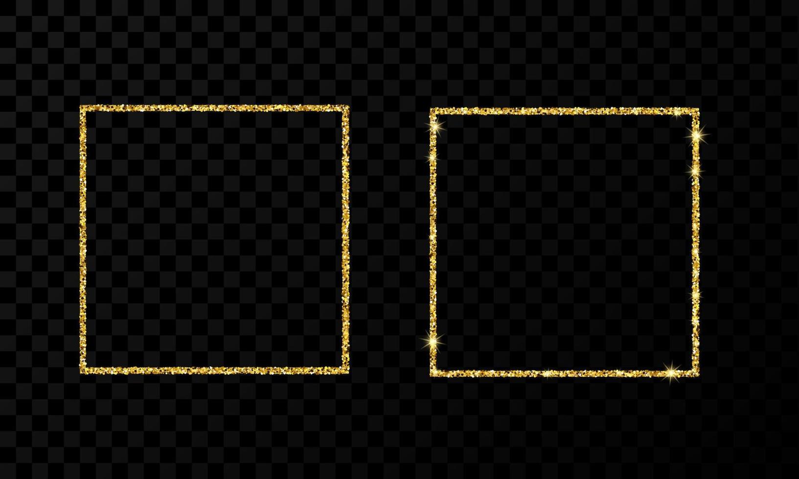 Gold square frame. Two modern shiny frames with light effects isolated on dark transparent background. Vector illustration.