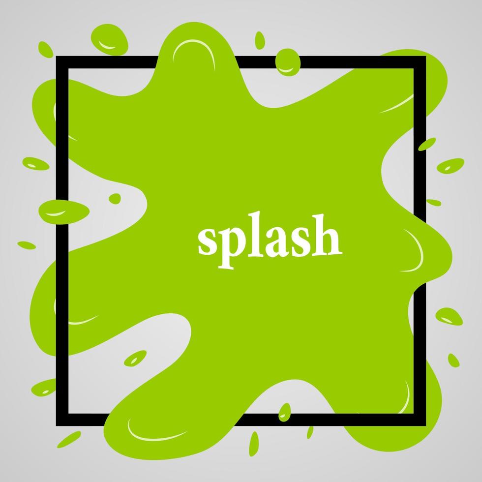 Big green splash with lots of small splashes in black frame and inscription splash. Vector illustration