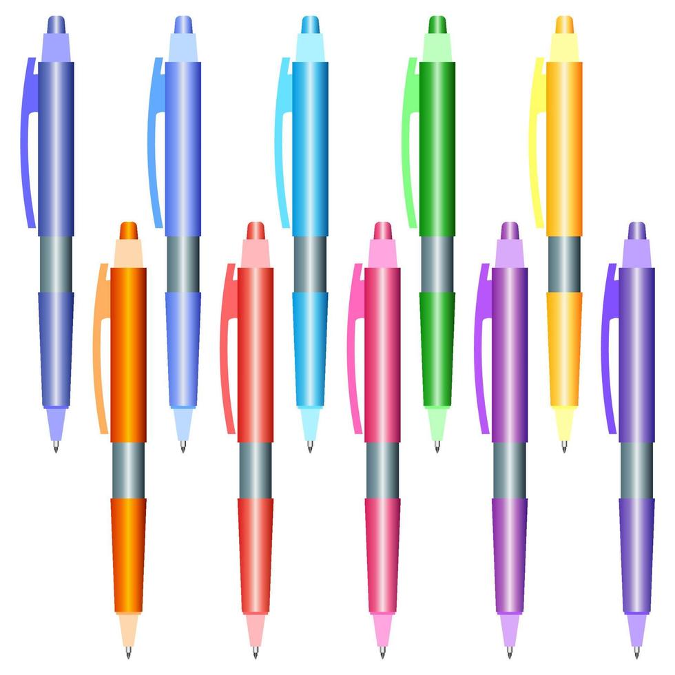 Set of multi-colored pens on a white background. Vector illustration.