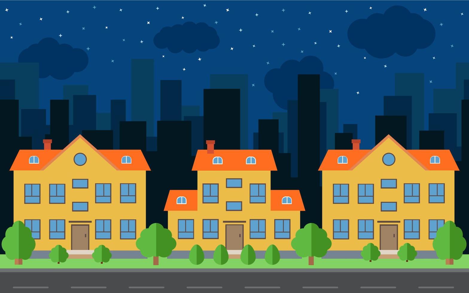 Vector night city with cartoon houses and buildings. City space with road on flat style background concept. Summer urban landscape. Street view with cityscape on a background