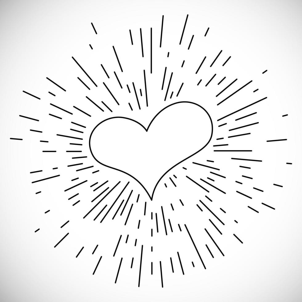 Heart with Hand Drawn Vintage Bursting Rays. Retro Design Element. Vector illustration