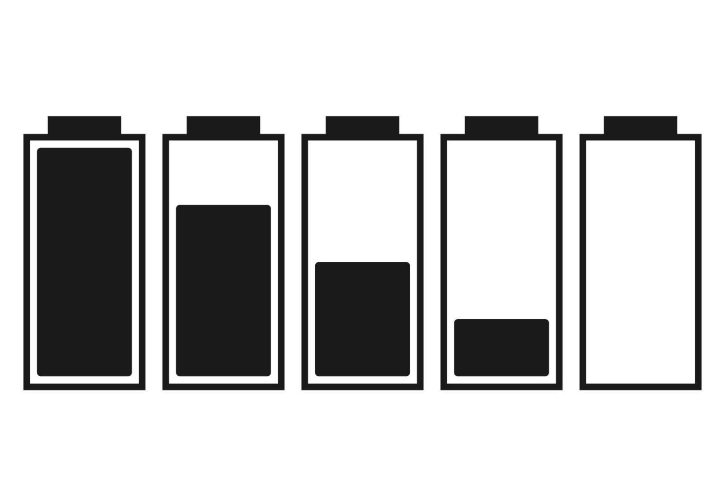 A set of five batteries with different charge indicators. Vector illustration