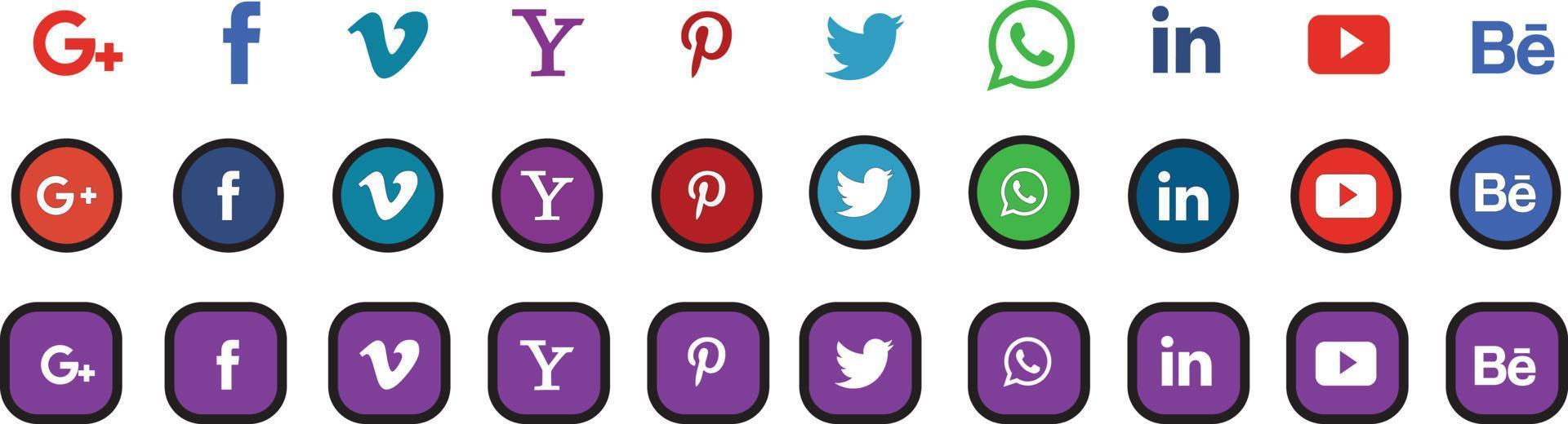 facebook, twitter, youtube, pinterest, whatsap, linkedin, vimeo. colección de logotipos de redes sociales populares. iconos de redes sociales. conjunto realista. editorial vectorial vector