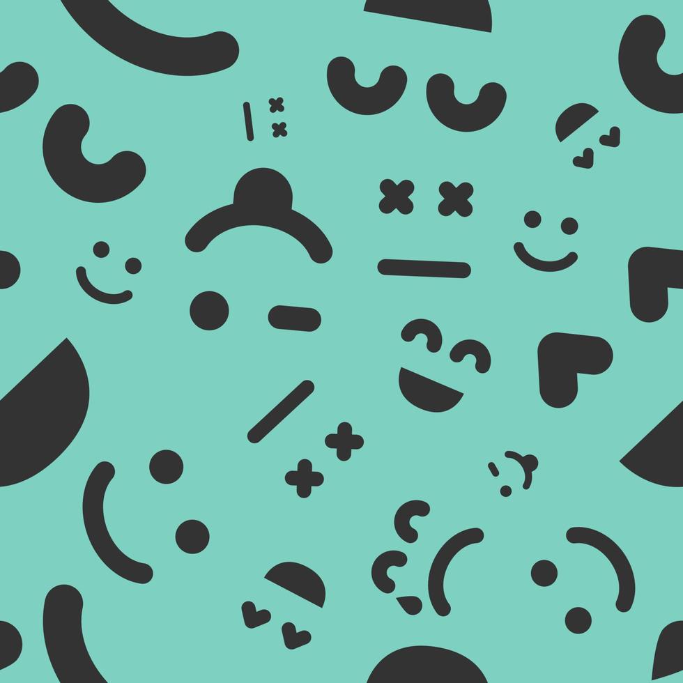 Cartoon faces with emotions. Seamless pattern with different emoticons on green background. Vector illustration