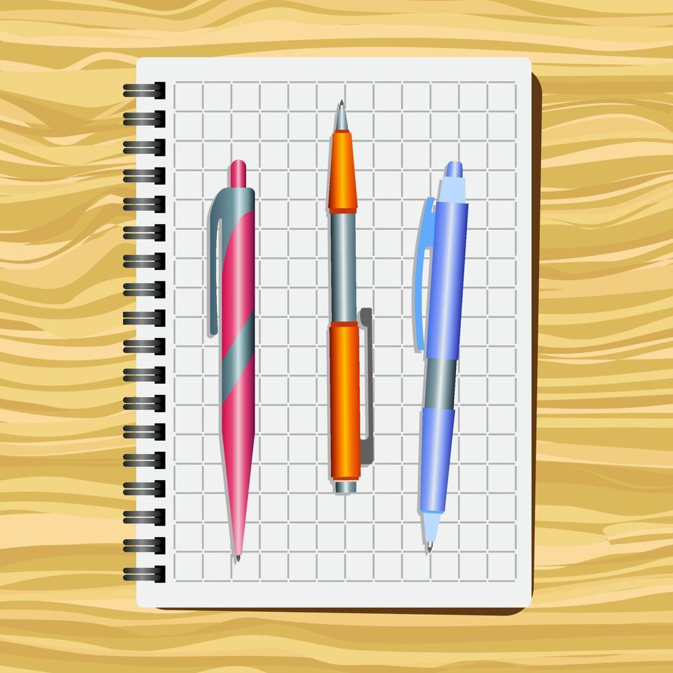 Notebook, red pen, orange pen and blue pen on a wooden table vector