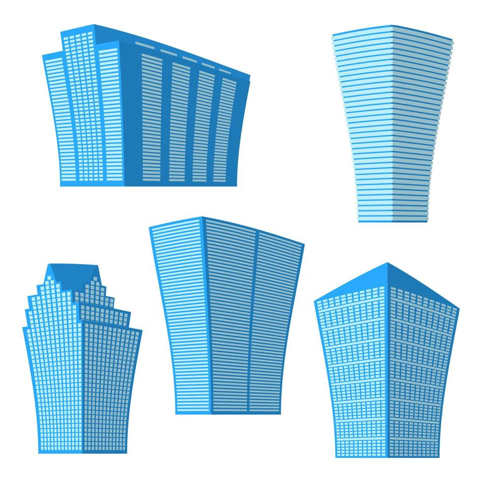 Set of five modern high-rise building on a white background. View of the building from the bottom. Isometric vector illustration.