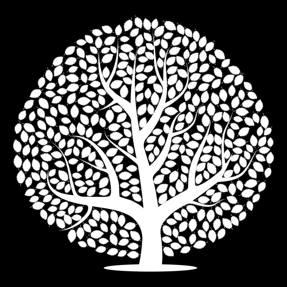 White tree with leaves on black background. Vector illustration