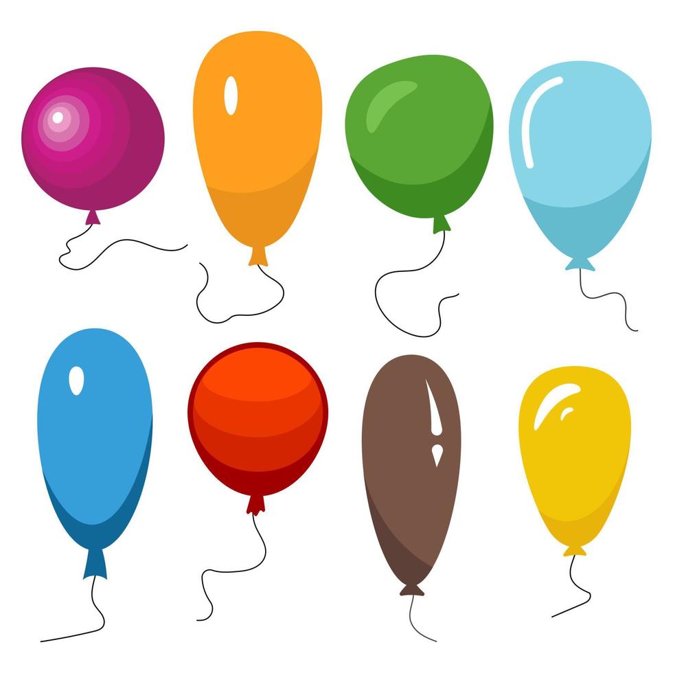 Set of eight colorful balloons with a string isolated on white background. Vector illustration
