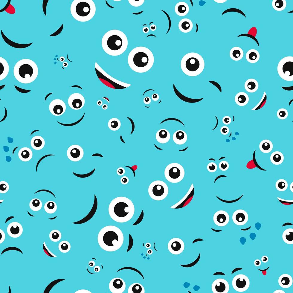 Cartoon faces with emotions. Seamless pattern with different emoticons on blue background. Vector illustration