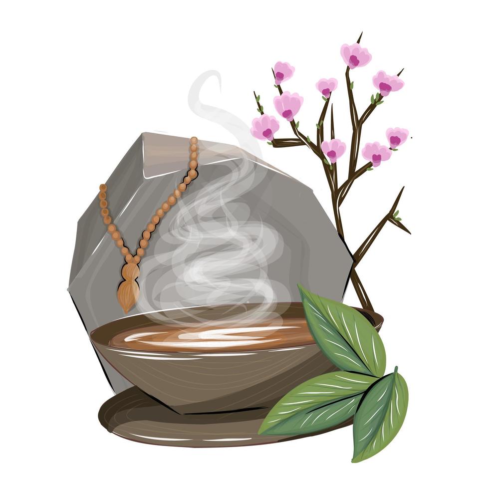 Composition with tea and cherry blossoms. Oriental theme. Tea drinking. vector