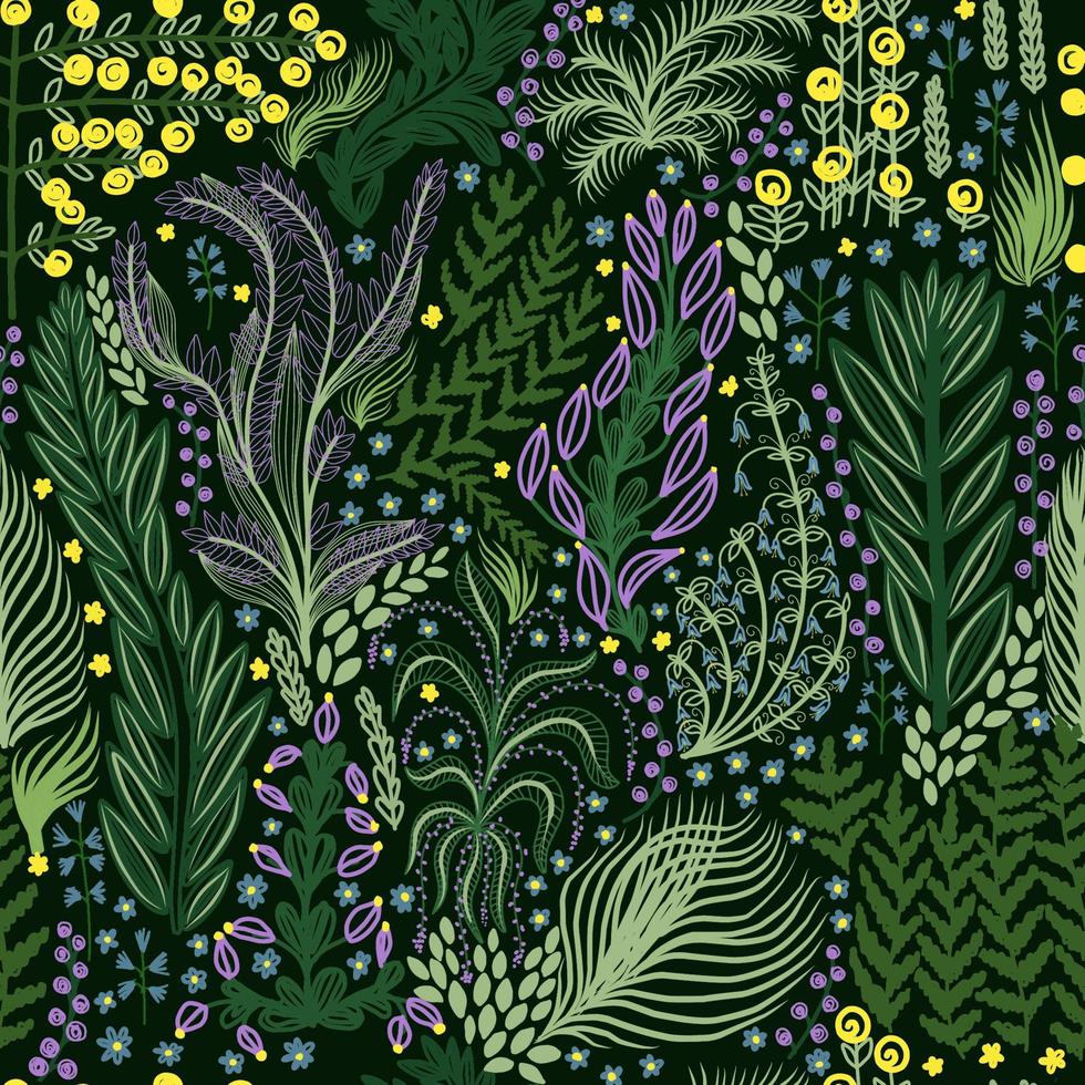 hierbas y flores del bosque de patrones sin fisuras. patrón de plantas silvestres. fondo verde oscuro. pequeñas flores dibujadas a mano vector