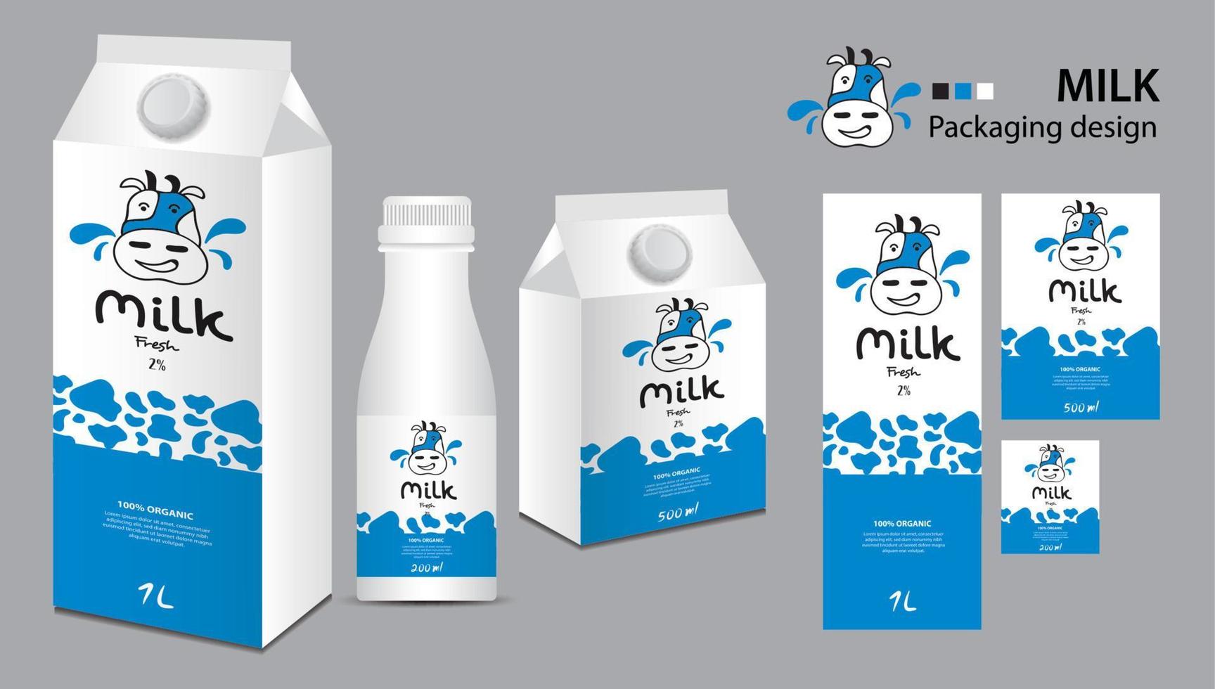 diseño de paquete de leche, diseño de etiquetas de leche, cajas de leche y vector de botella, ilustración 3d realista de caja, plantilla de embalaje creativa, diseño de producto, pancarta de comida, ilustración de dibujos animados con el logotipo de vaca adorable