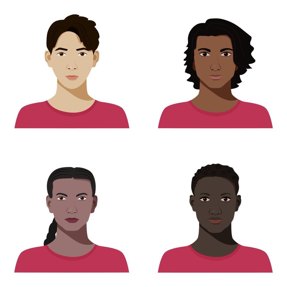 Set of vector teenagers or students diverse icons with different color of skin in realistic flat style.