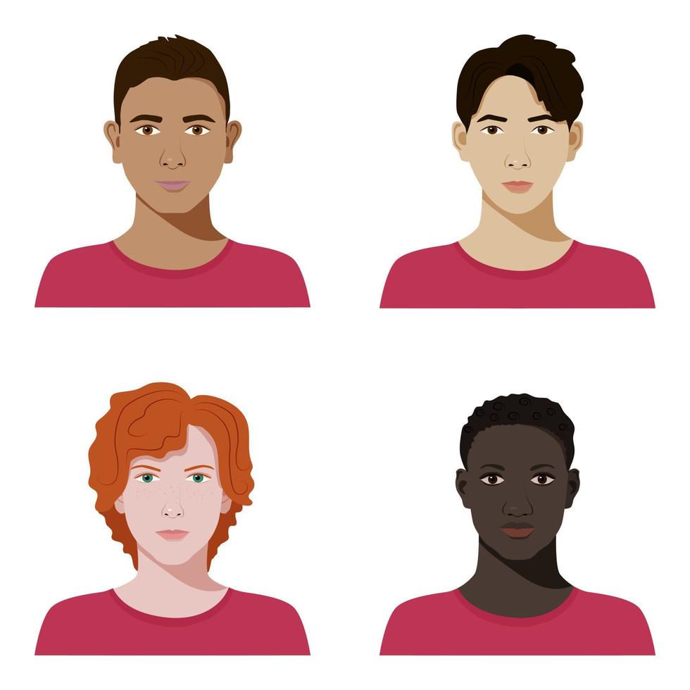 conjunto de adolescentes vectoriales o estudiantes diversos avatares con diferentes colores de piel en un estilo plano realista. vector