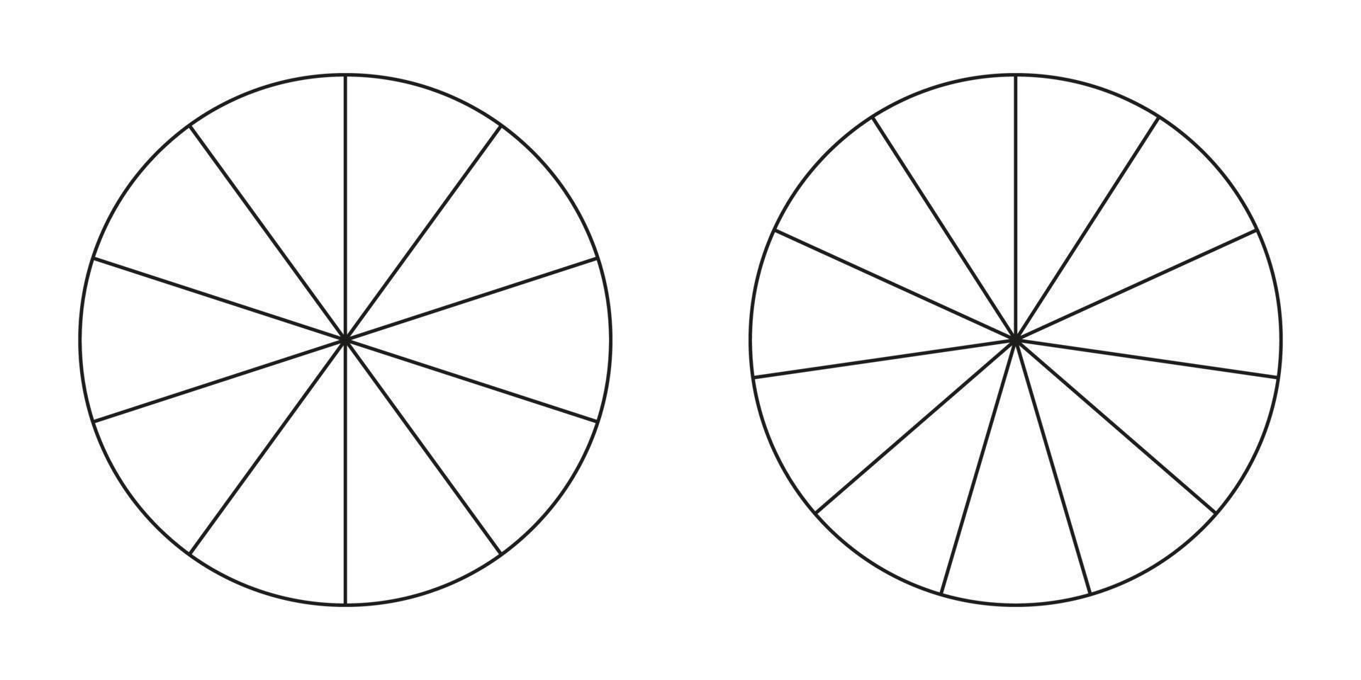 Pie chart, diagram set, ten and eleven sections or steps. Circle icons for infographic, presentation, web design, user interface. Simple business chart. vector