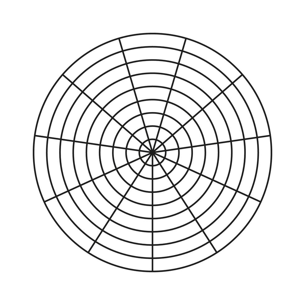 Polar grid of 11 segments and 8 concentric circles. Blank polar graph paper. Circle diagram of lifestyle balance. Wheel of life template. Coaching tool. vector