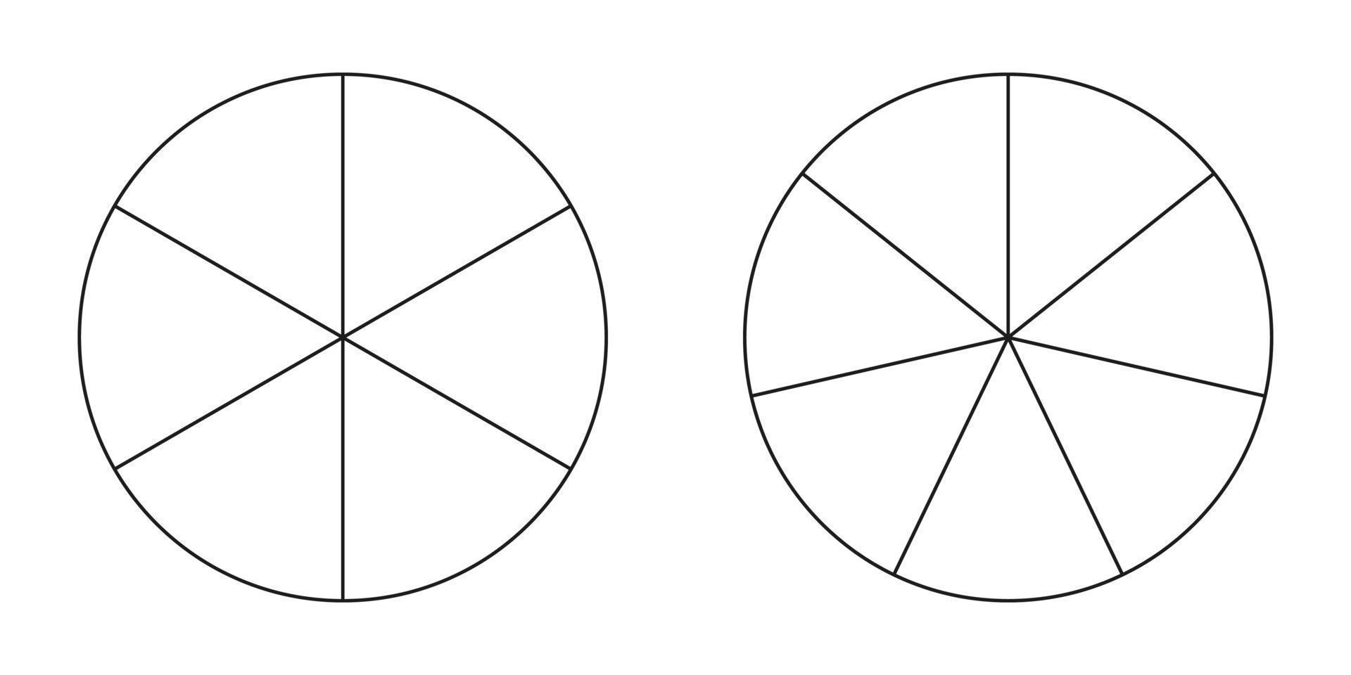 Pie chart, diagram set, six and seven sections or steps. Circle icons for infographic, presentation, web design, user interface. Simple business chart. vector