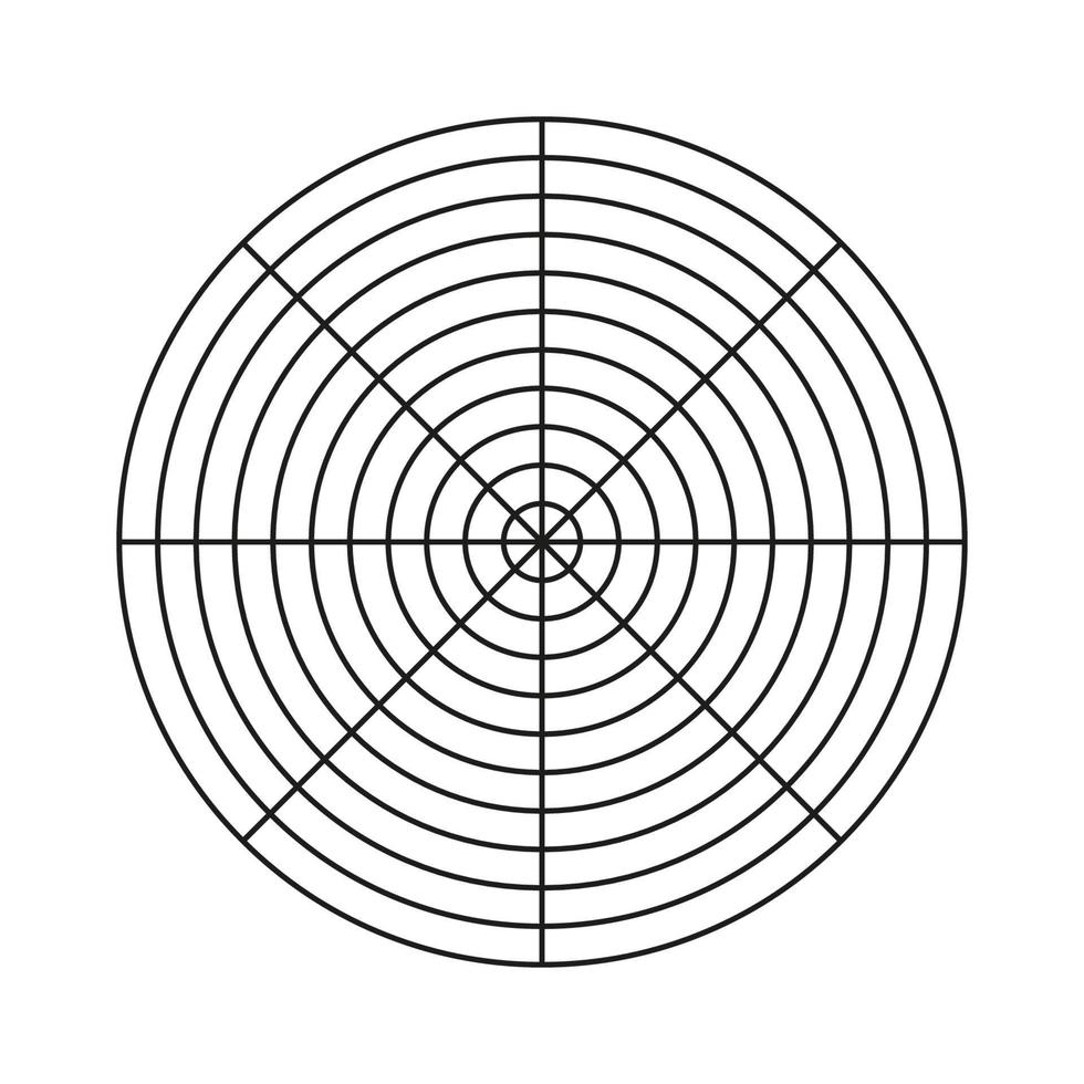 Polar grid of 8 segments and 10 concentric circles. Blank polar graph paper. Circle diagram of lifestyle balance. Wheel of life template. Coaching tool. vector