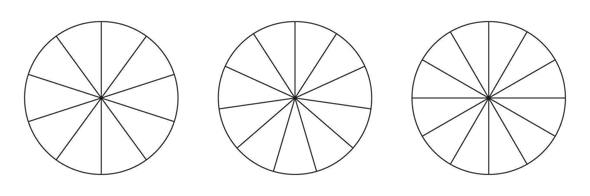 Segmented charts collection. Many number of sectors divide the circle on equal parts. Outline black thin graphics. Set of pie charts. vector
