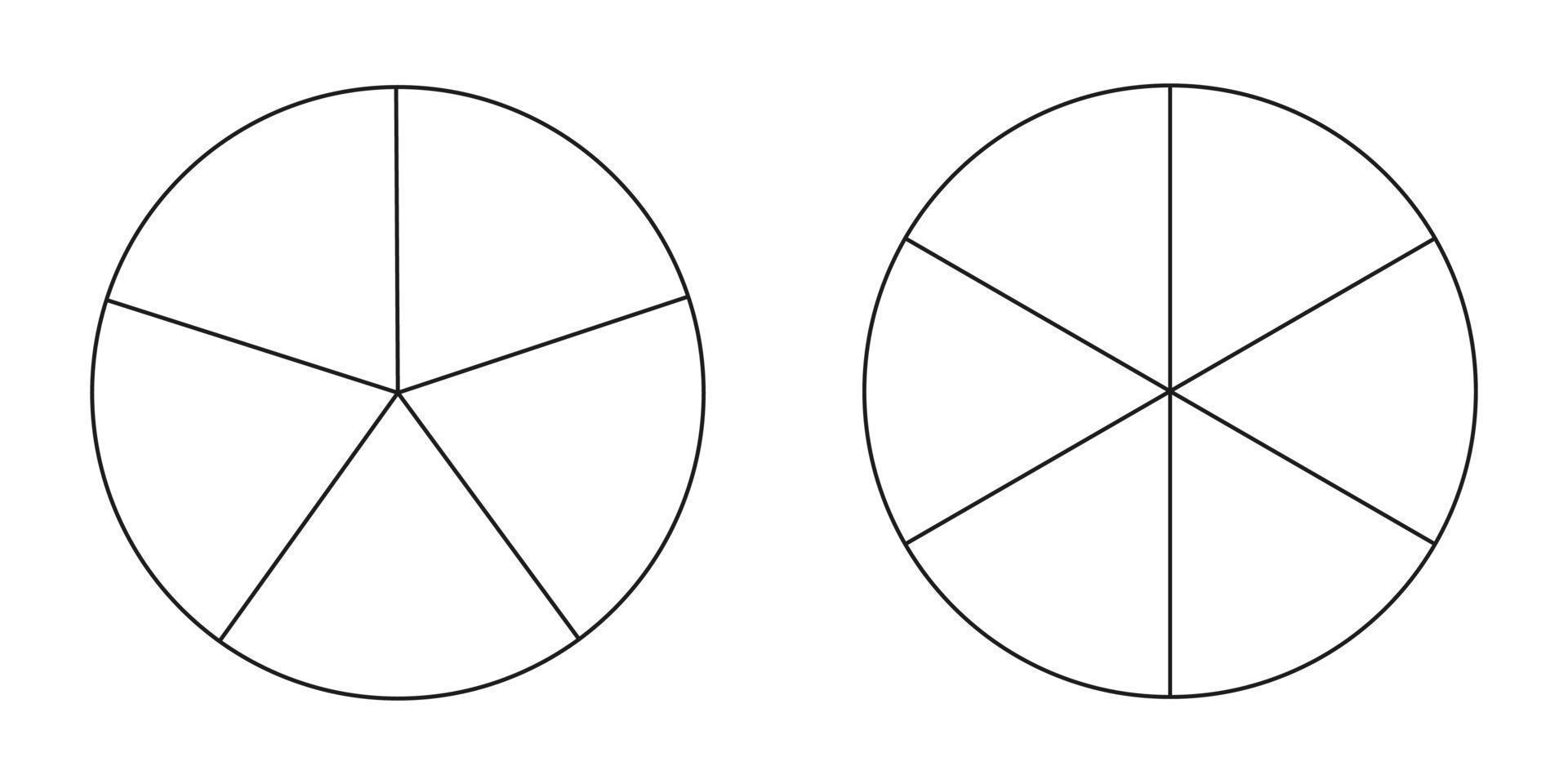 Pie chart, diagram set, five and six sections or steps. Circle icons for infographic, presentation, web design, user interface. Simple business chart. vector