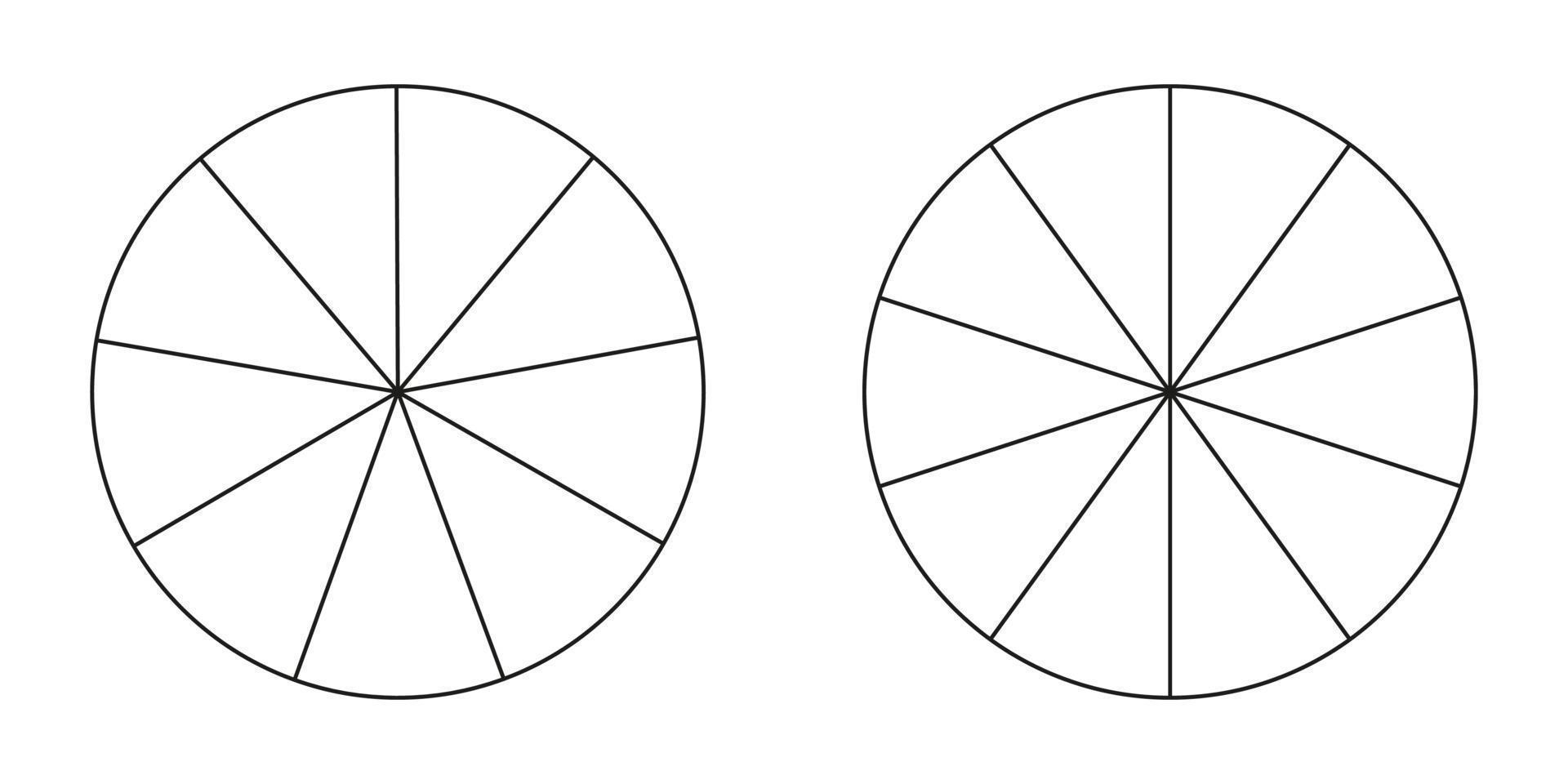 gráfico circular, conjunto de diagramas, nueve y diez secciones o pasos. iconos circulares para infografía, presentación, diseño web, interfaz de usuario. gráfico de negocios simple. vector