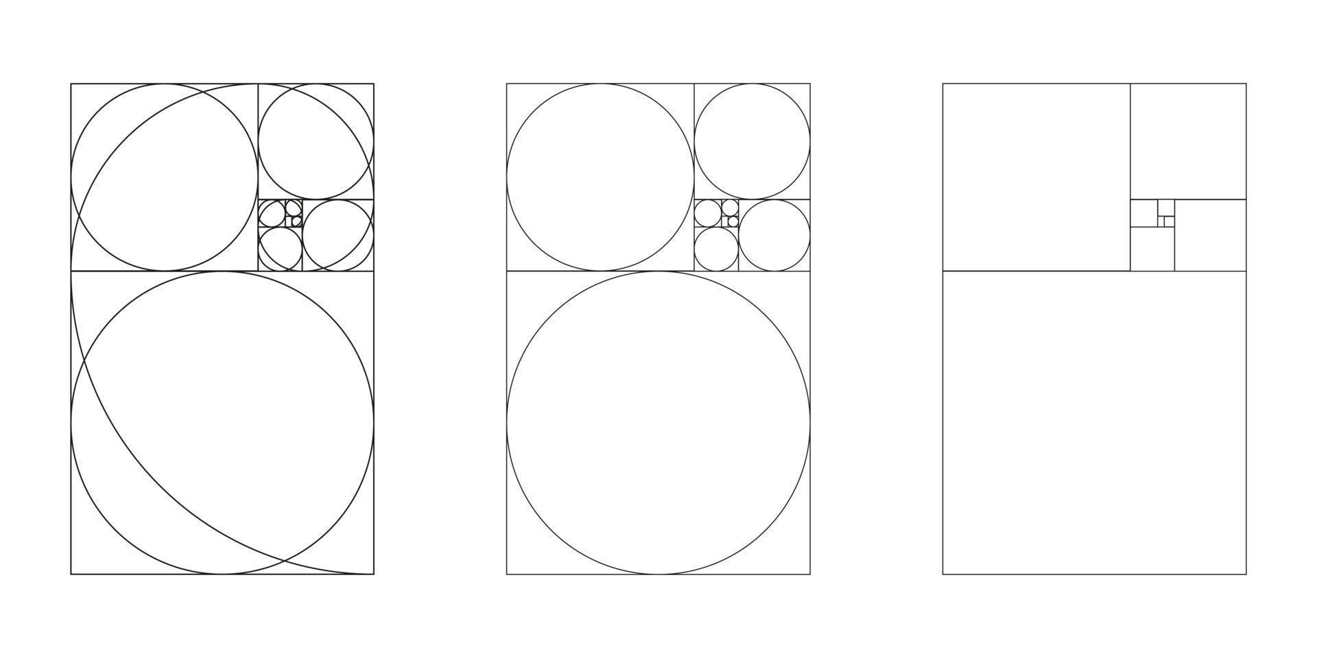 conjunto de plantillas de proporción áurea. método sección dorada. matriz de fibonacci, números. proporciones de armonía. ilustración de esquema vector