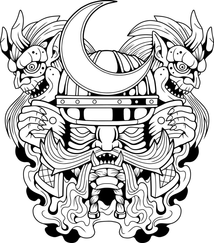 mythological japanese samurai demon, monochrome illustration vector