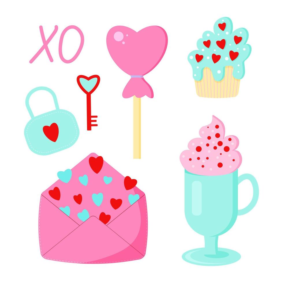 Saint Valentine s day vector set. Envelope, coffee, pancake, lollipip, lock and key. All elements are isolated