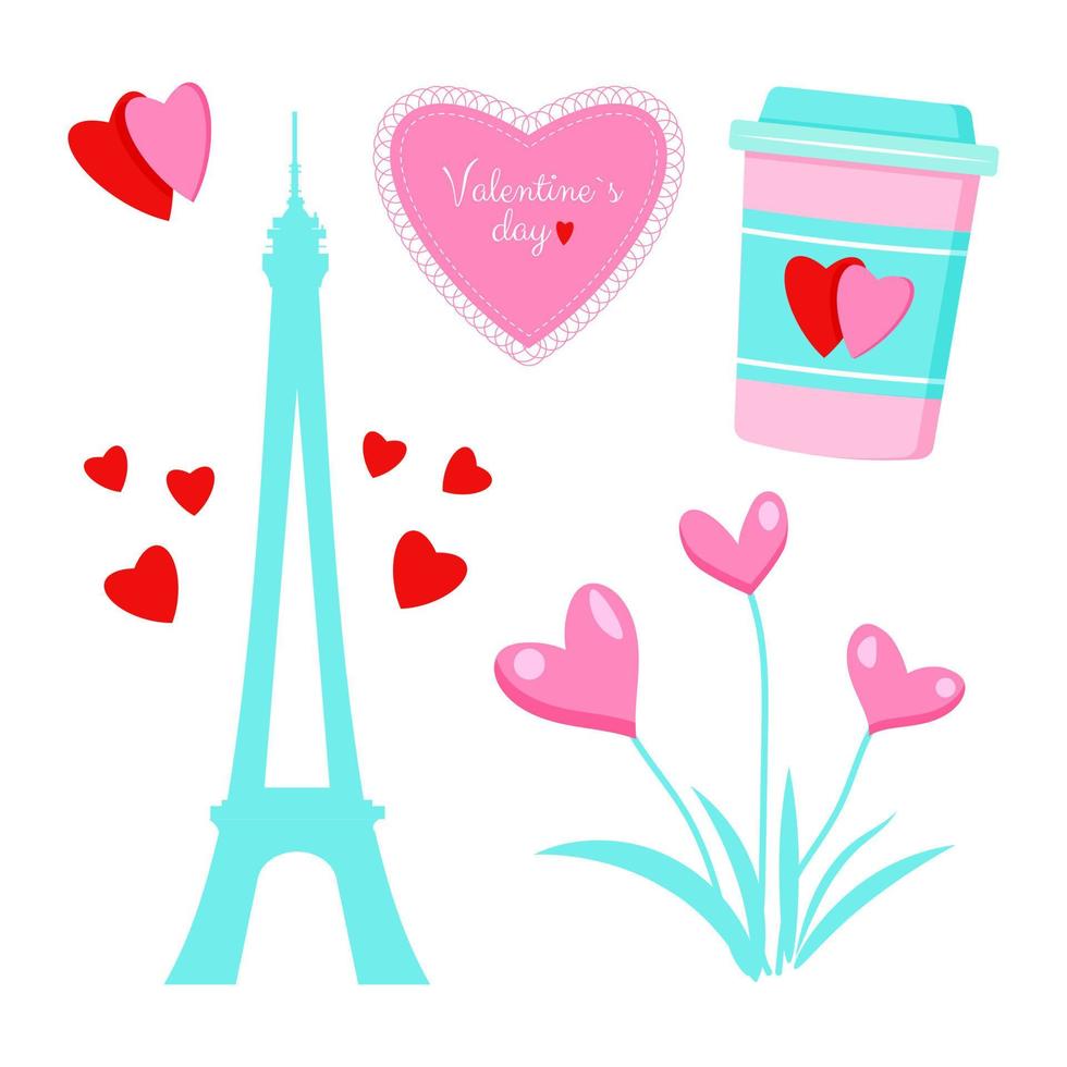 conjunto de vectores del día de san valentín. torre eifel, flores, corazones. todos los elementos están aislados