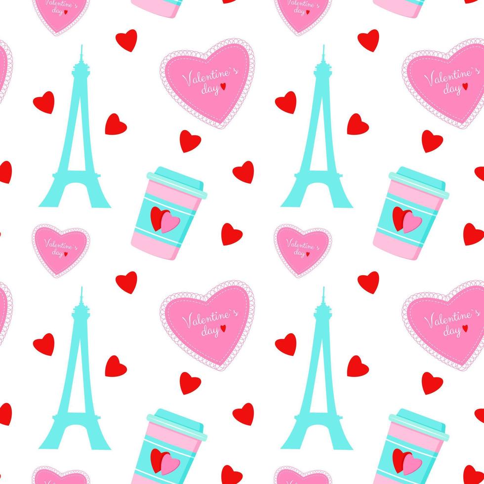 Valentine s Day background. Illustration Eiffel Tower. Pink heart. Vector seamless pattern.